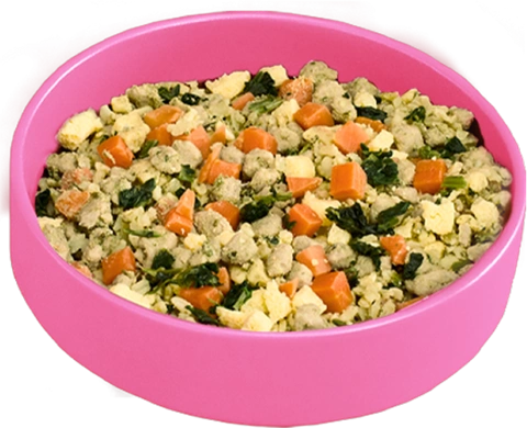 A pink bowl of Nom Nom dog food