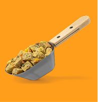A scoop of Nom Nom Scoopables with an orange background