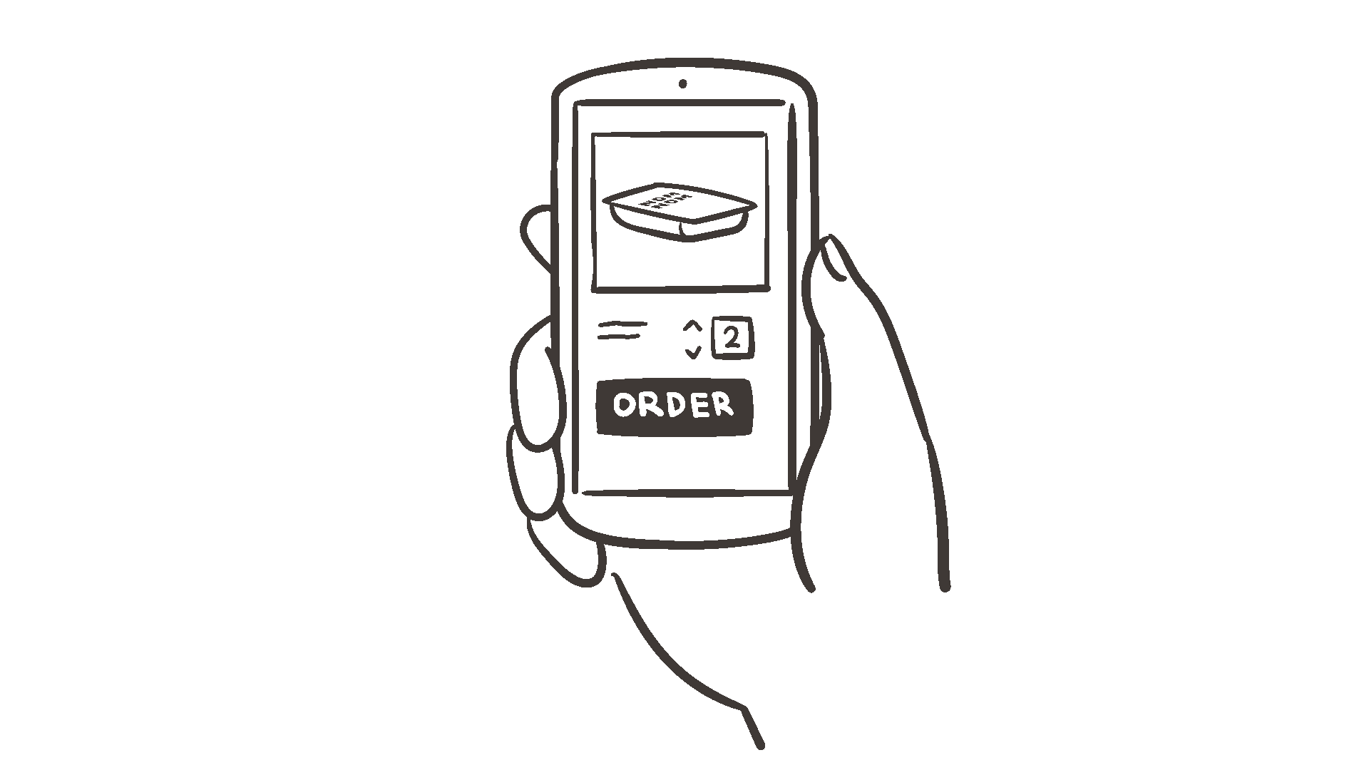 Illustration of a hand holding a mobile device ordering Nom Nom