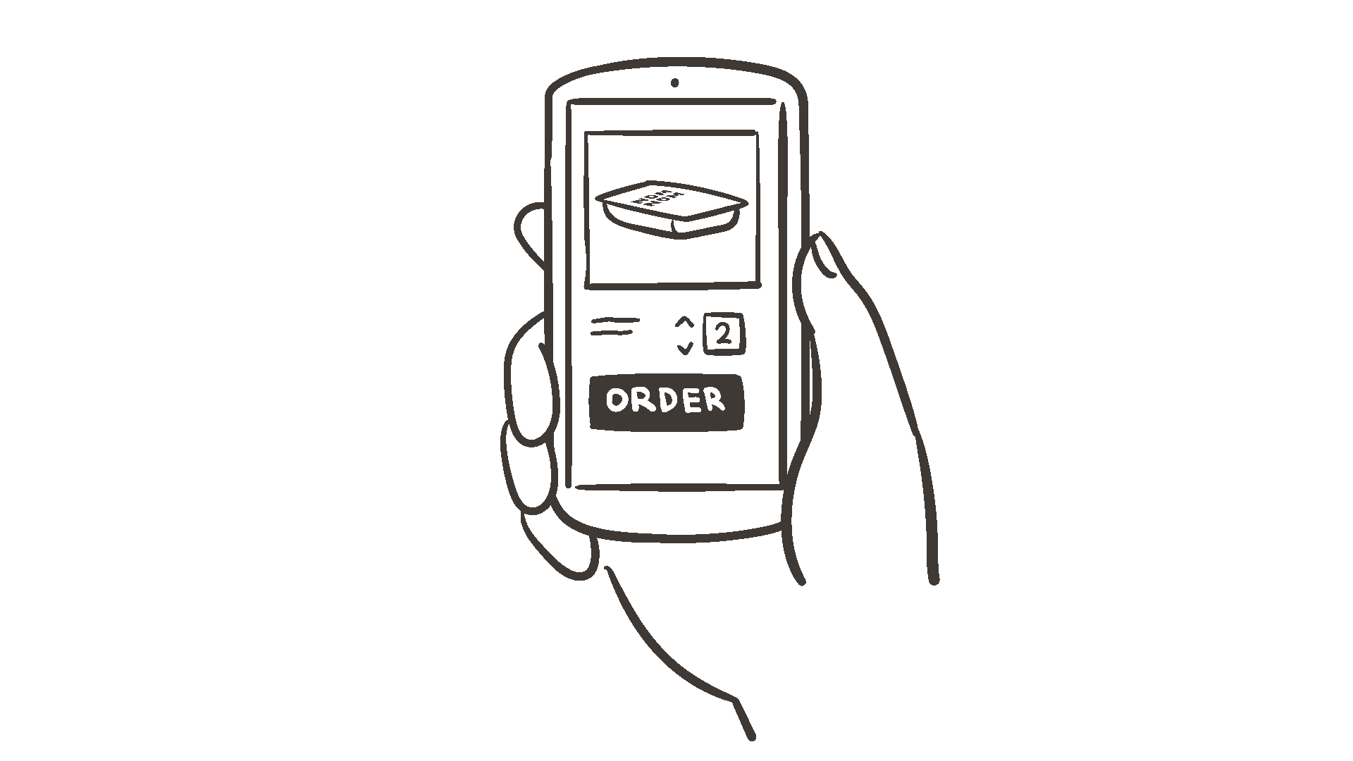 Animated illustration of a hand holding a mobile device ordering Nom Nom